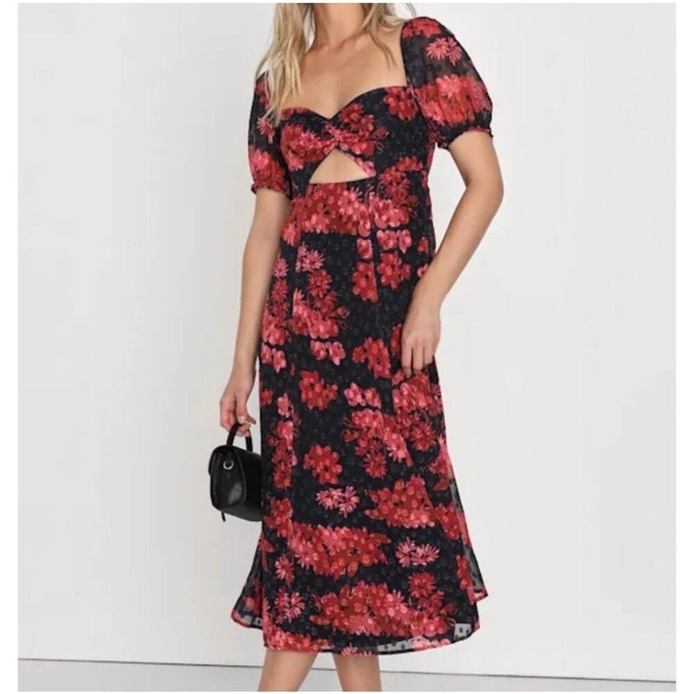 Lulus Truly Charming Floral Midi Dress Small Black Red Puff Sleeve Cutout NWT